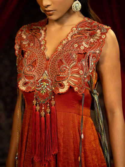 CRIMSON RED INDO-WESTERN ANARKALI GOWN WITH EMBROIDERED CAPE