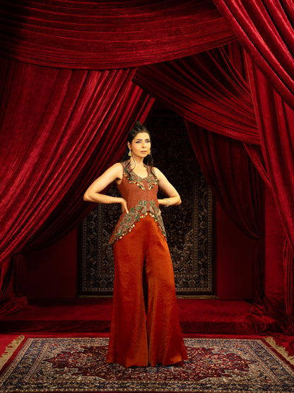 CRIMSON RED PEPLUM KURTA SET WITH QUILTED BEADED JACKET