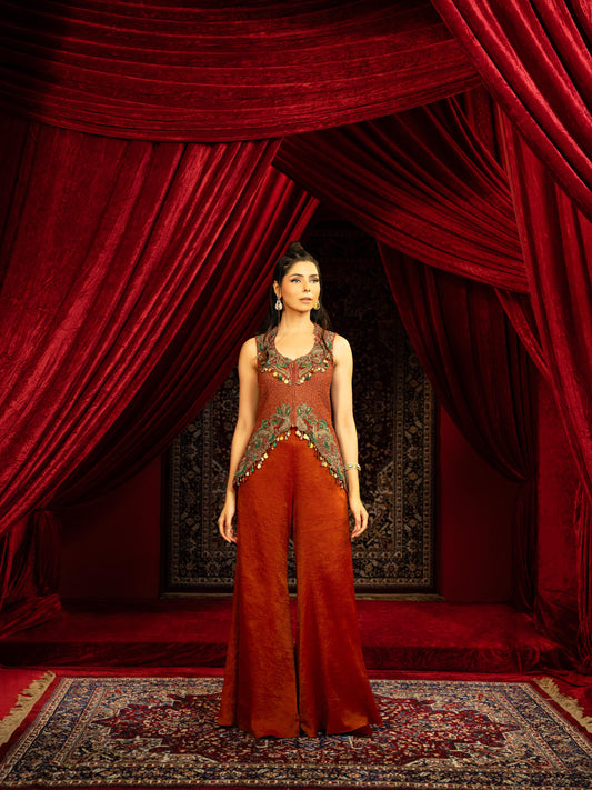 CRIMSON RED PEPLUM KURTA SET WITH QUILTED BEADED JACKET