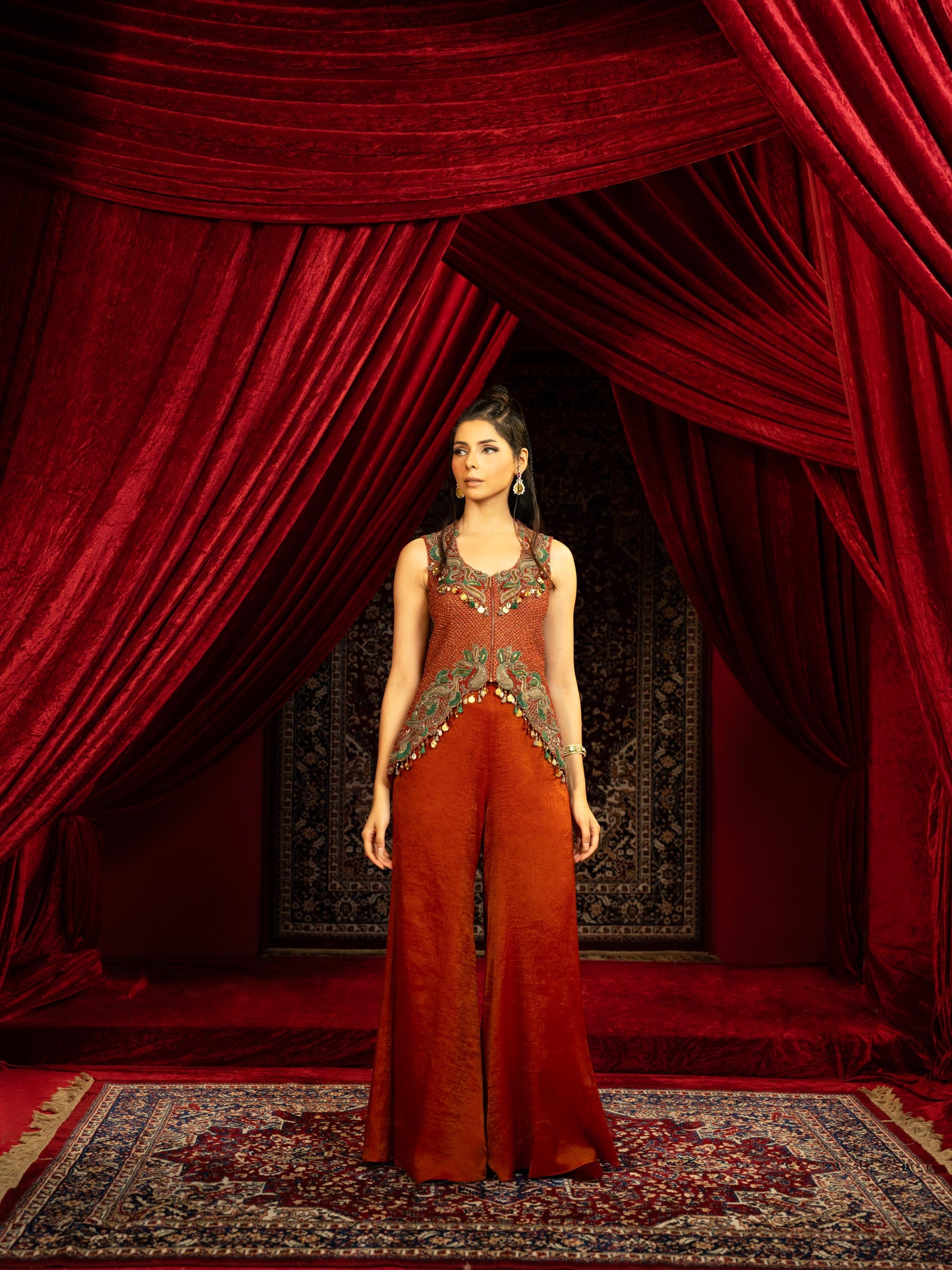 CRIMSON RED PEPLUM KURTA SET WITH QUILTED BEADED JACKET