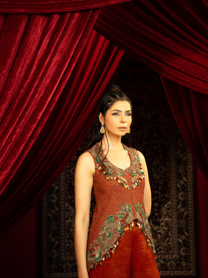 CRIMSON RED PEPLUM KURTA SET WITH QUILTED BEADED JACKET