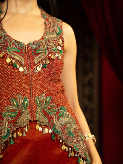 CRIMSON RED PEPLUM KURTA SET WITH QUILTED BEADED JACKET