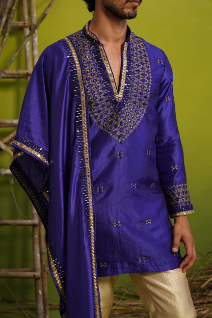 ZOHAYR ROYAL BLUE V-NECK MIRROR KURTA DUPATTA SET
