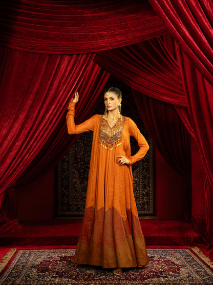 TERRACOTTA RUST ANARKALI GOWN WITH GEOMETRIC HEMLINE
