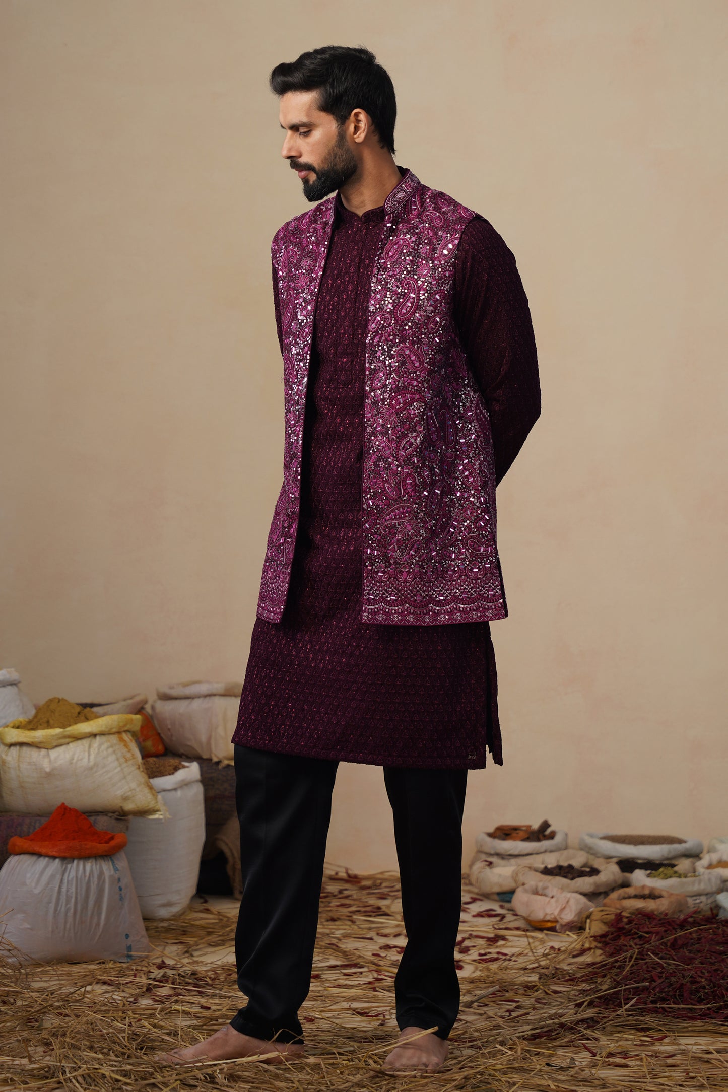 SITARA WINE KURTA JACKET SET