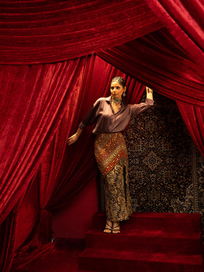 BLACK & MULTI-COLOUR VINTAGE EMBROIDERED LONG SKIRT