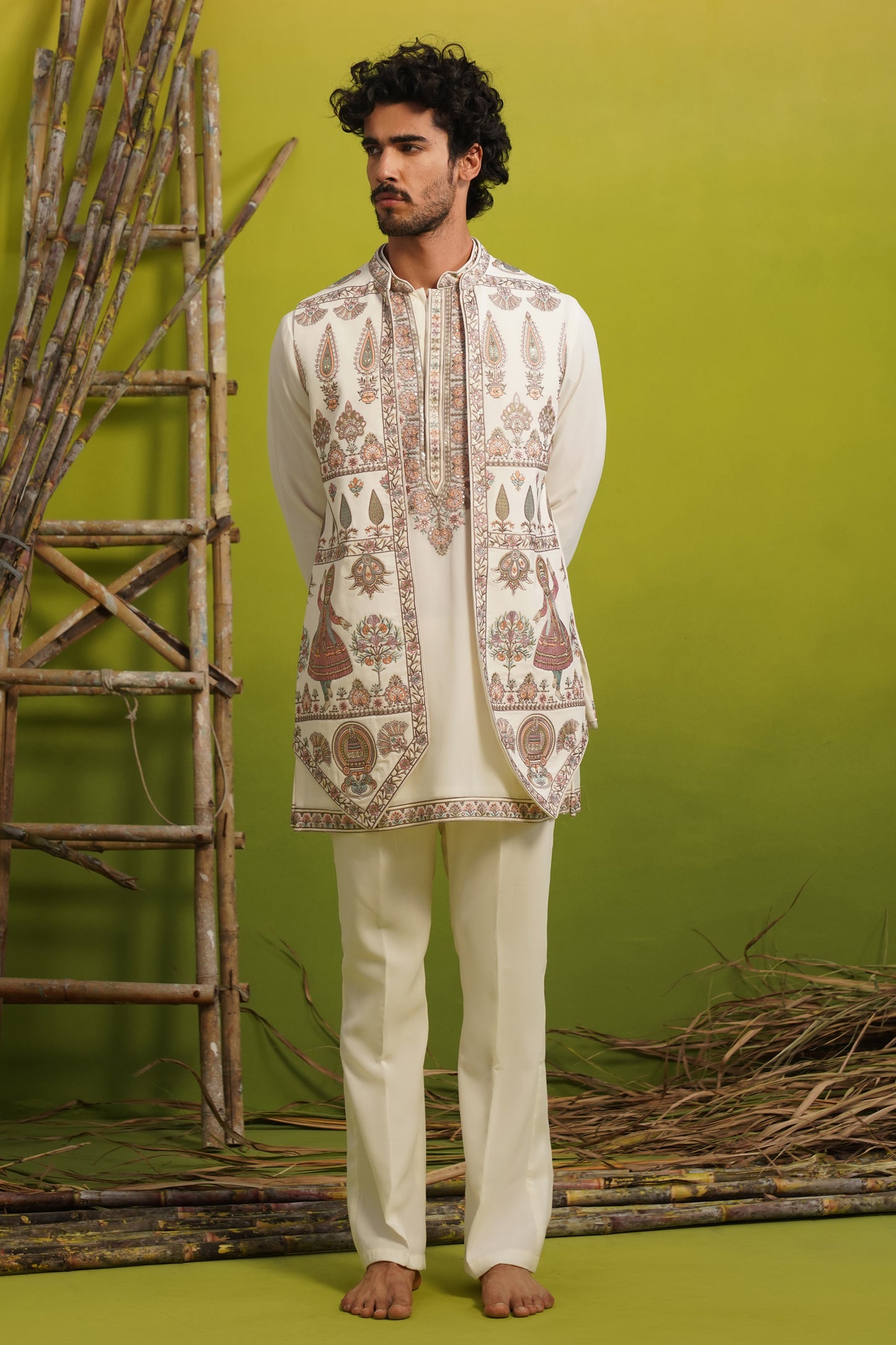 KATHAKALI IVORY SHORT KURTA JACKET SET
