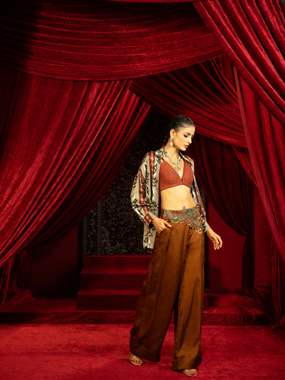 MOCHA MOUSSE EMBROIDERED BOXY PANTS WITH BOHO PRINTED SHIRT