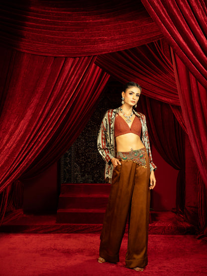 MOCHA MOUSSE EMBROIDERED BOXY PANTS WITH BOHO PRINTED SHIRT