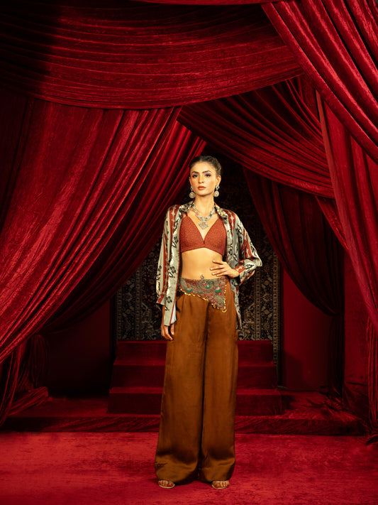 MOCHA MOUSSE EMBROIDERED BOXY PANTS WITH BOHO PRINTED SHIRT