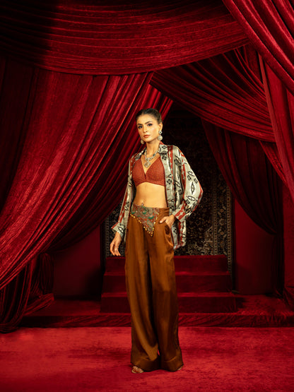 MOCHA MOUSSE EMBROIDERED BOXY PANTS WITH BOHO PRINTED SHIRT