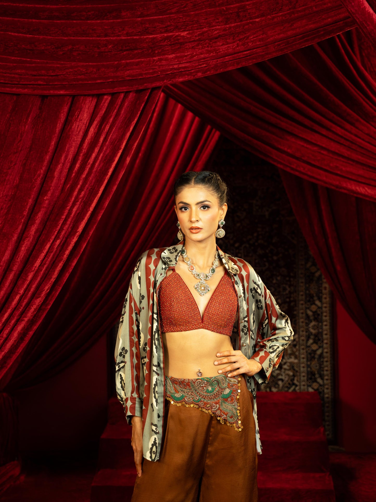 MOCHA MOUSSE EMBROIDERED BOXY PANTS WITH BOHO PRINTED SHIRT