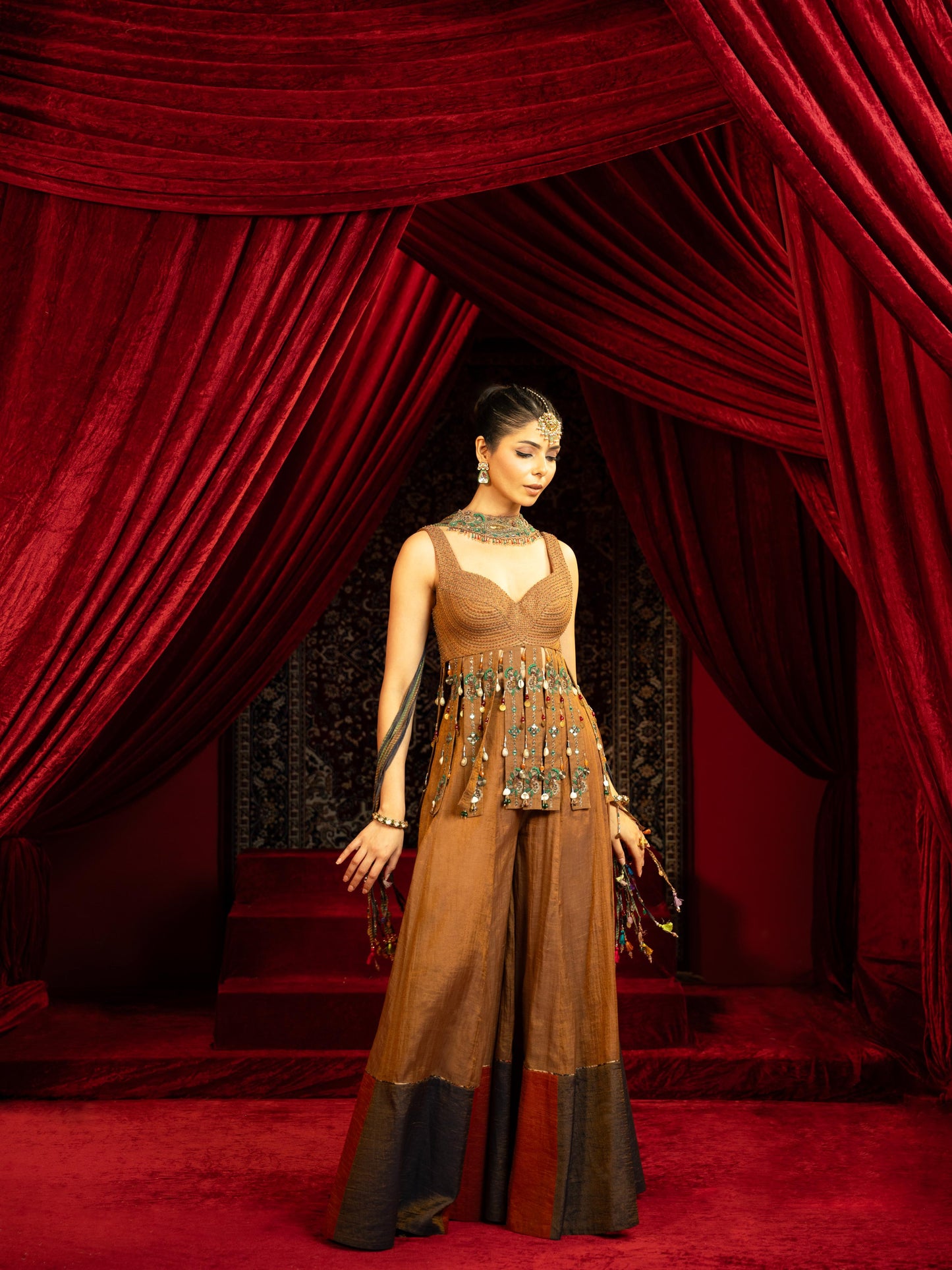 WALNUT BROWN PEPLUM KURTA WITH SHARARA PANT – GYPSY INSPIRED