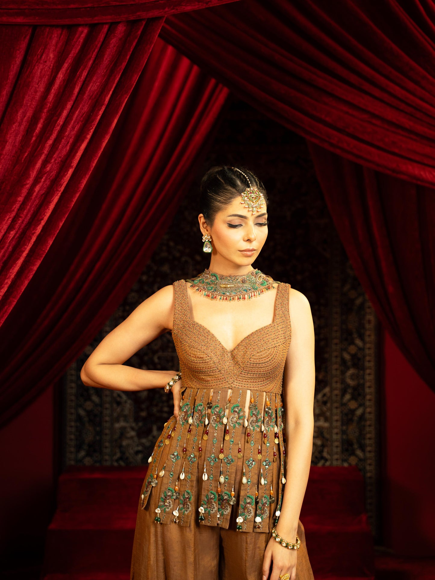 WALNUT BROWN PEPLUM KURTA WITH SHARARA PANT – GYPSY INSPIRED