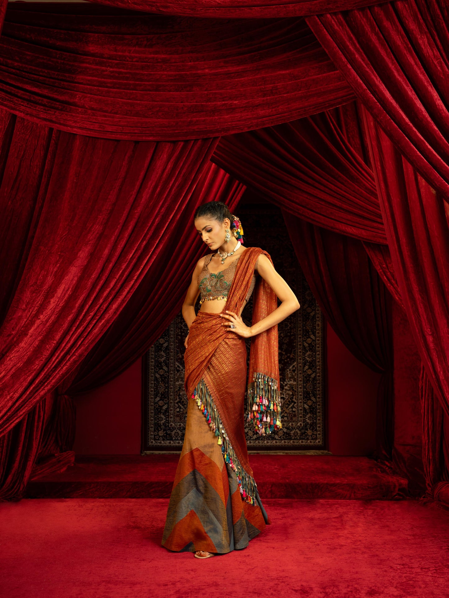 TAN BROWN FISHCUT LEHENGA WITH QUILTED BEADED BLOUSE & STRIPED DUPATTA