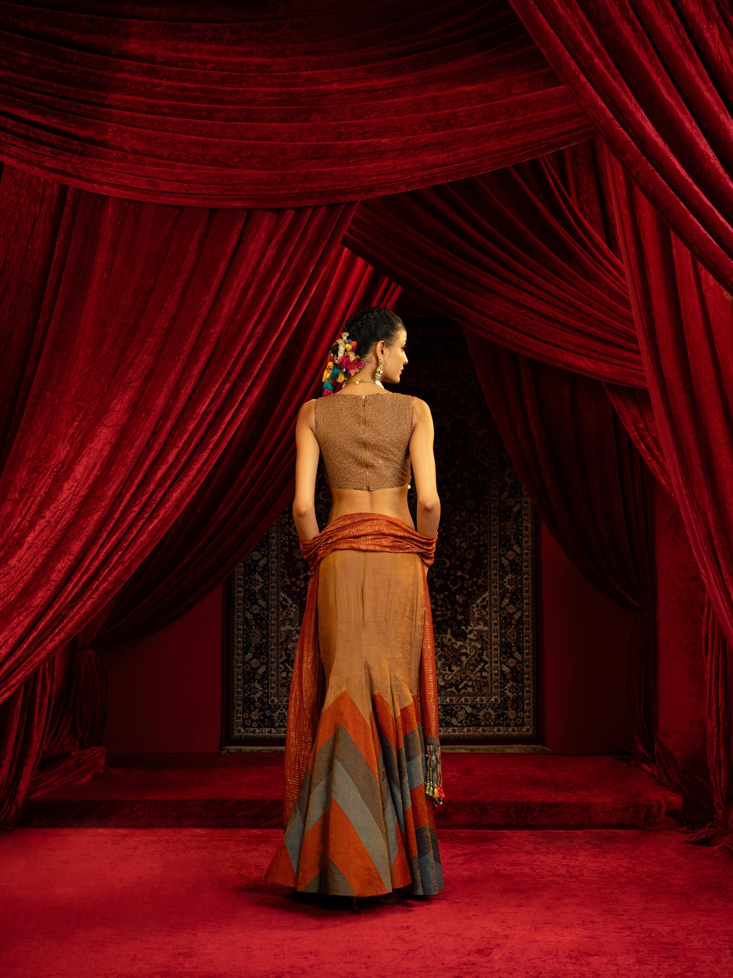 TAN BROWN FISHCUT LEHENGA WITH QUILTED BEADED BLOUSE & STRIPED DUPATTA