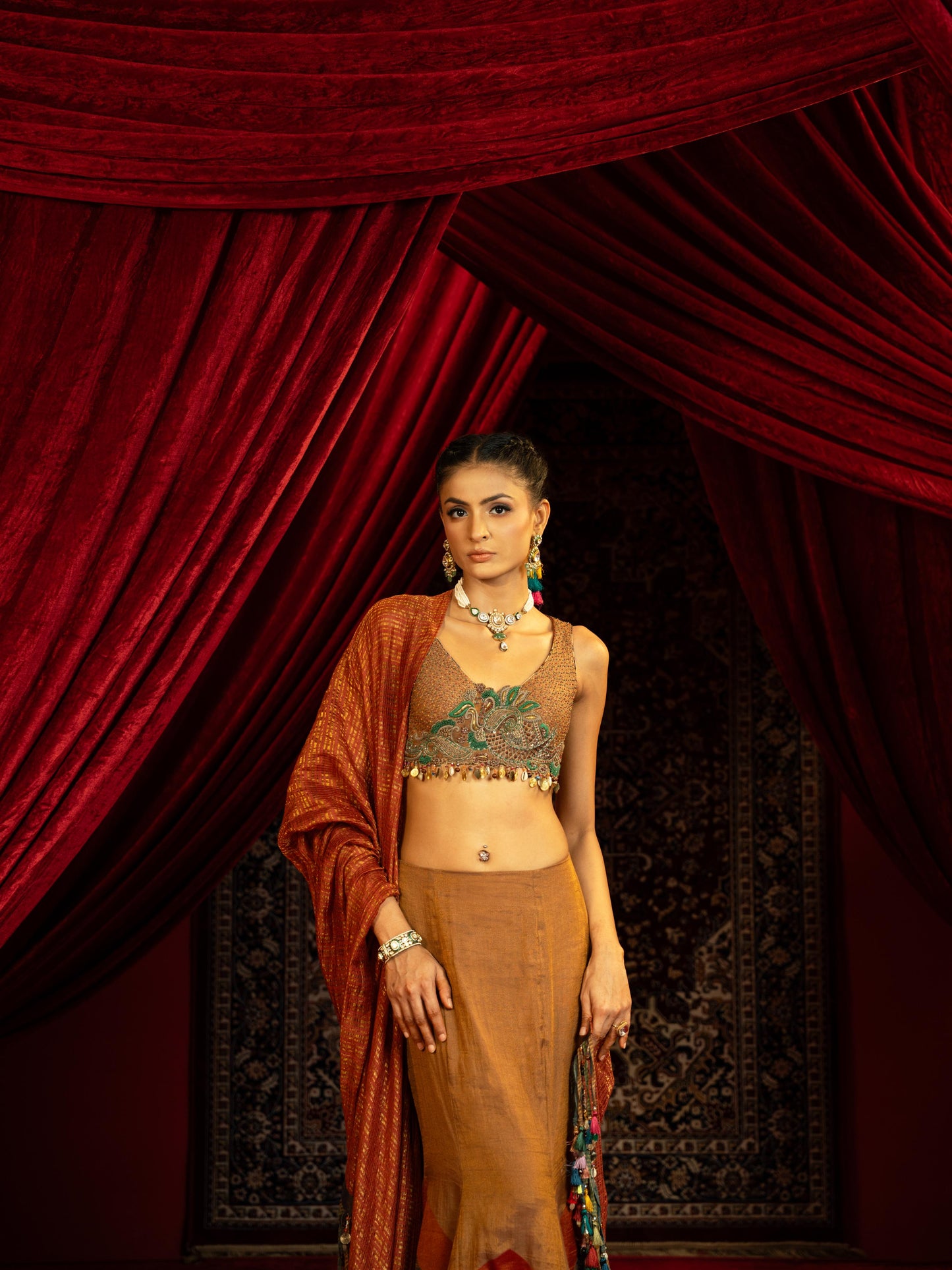 TAN BROWN FISHCUT LEHENGA WITH QUILTED BEADED BLOUSE & STRIPED DUPATTA