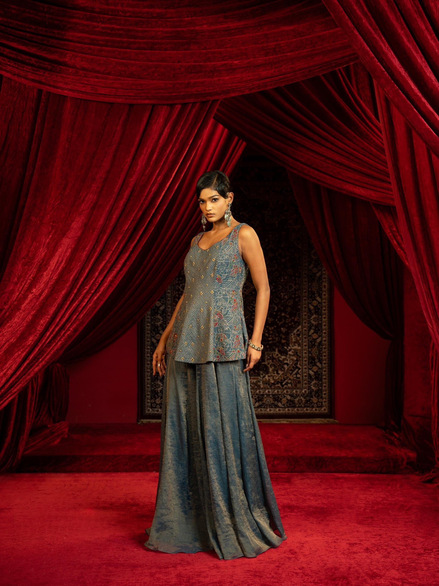 MIDNIGHT BLUE QUILTED PEPLUM KURTA WITH SHARARA PANT