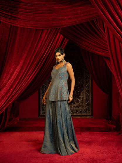 MIDNIGHT BLUE QUILTED PEPLUM KURTA WITH SHARARA PANT