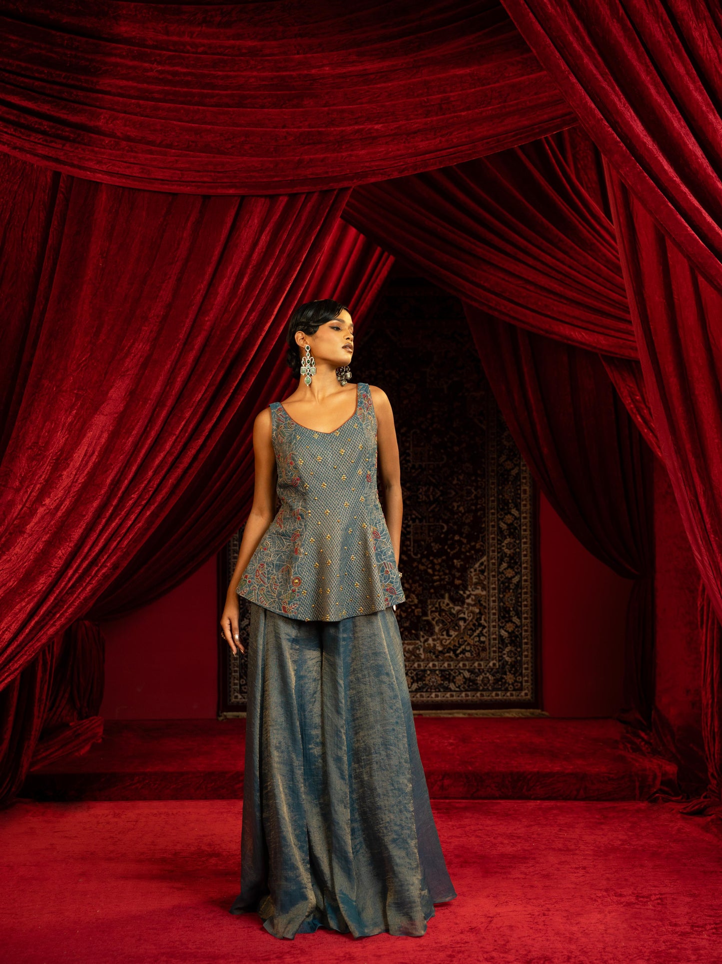 MIDNIGHT BLUE QUILTED PEPLUM KURTA WITH SHARARA PANT