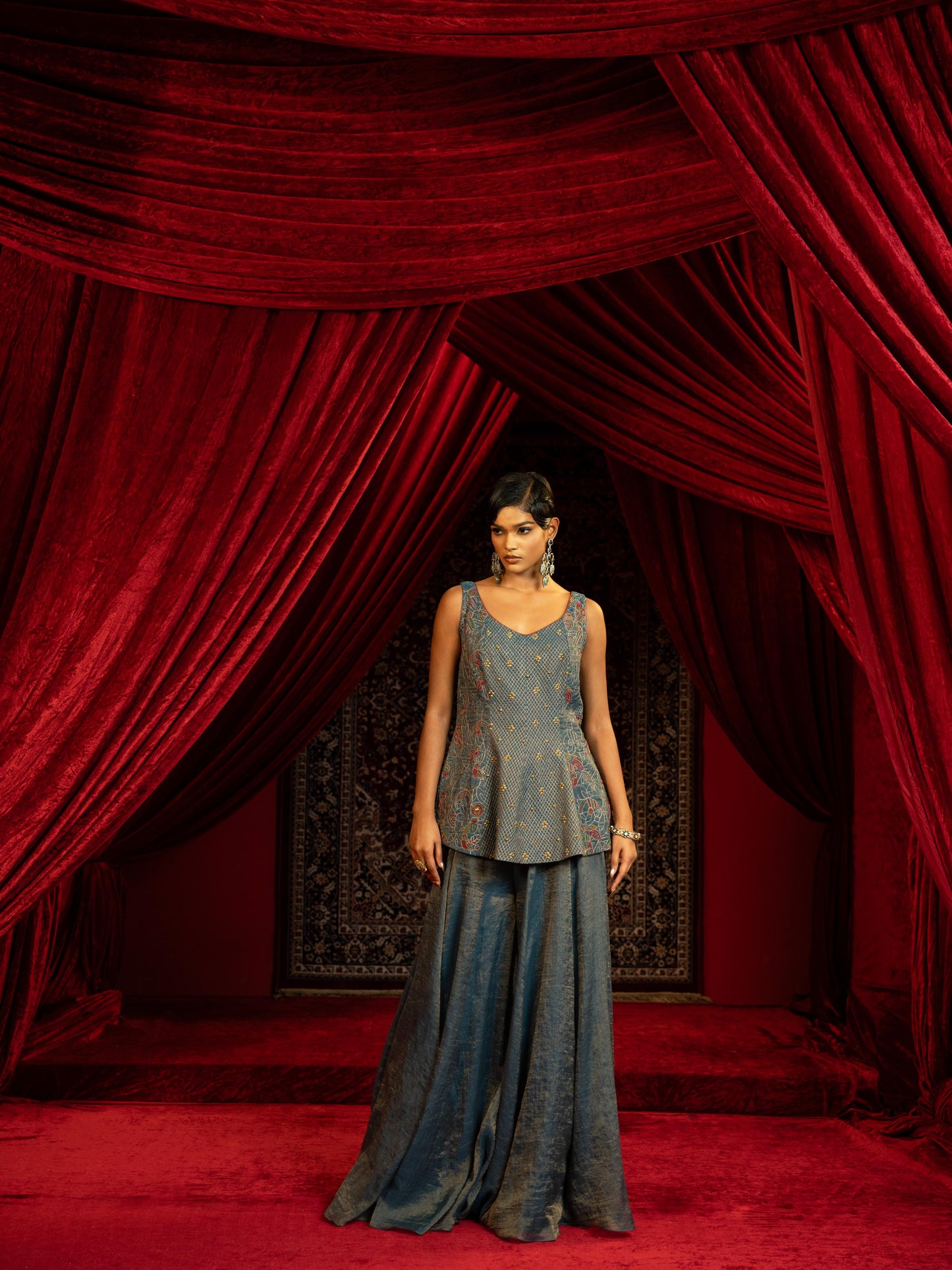 MIDNIGHT BLUE QUILTED PEPLUM KURTA WITH SHARARA PANT