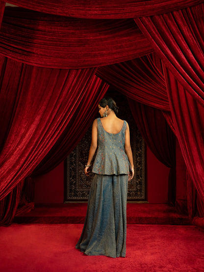 MIDNIGHT BLUE QUILTED PEPLUM KURTA WITH SHARARA PANT