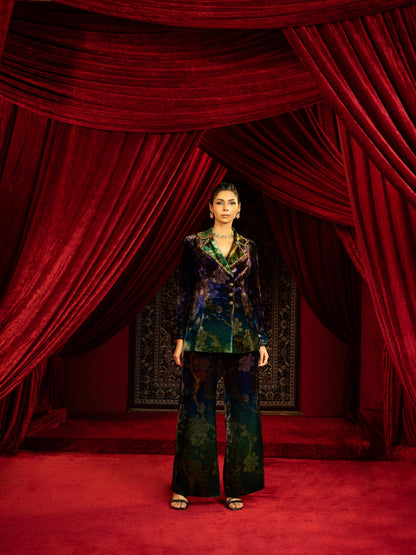 PRINTED BLUE & GREEN VELVET BLAZER PANT SET WITH EMBROIDERED COLLAR