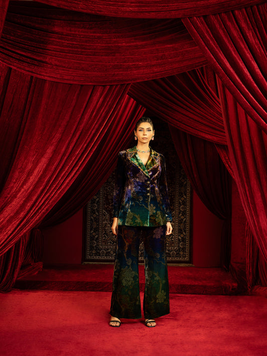 PRINTED BLUE & GREEN VELVET BLAZER PANT SET WITH EMBROIDERED COLLAR