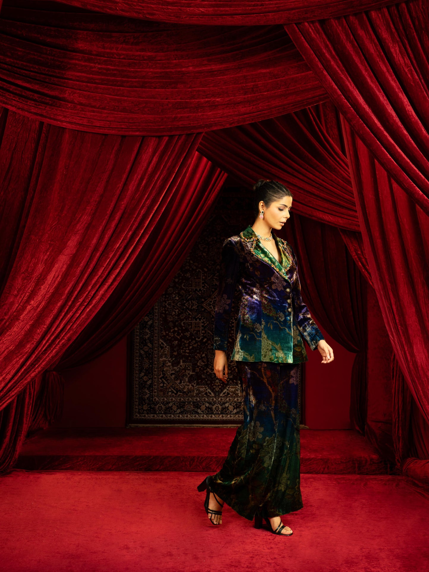 PRINTED BLUE & GREEN VELVET BLAZER PANT SET WITH EMBROIDERED COLLAR