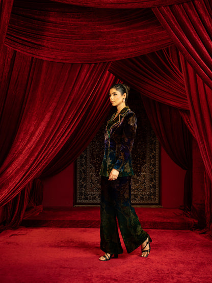 PRINTED BLUE & GREEN VELVET BLAZER PANT SET WITH EMBROIDERED COLLAR