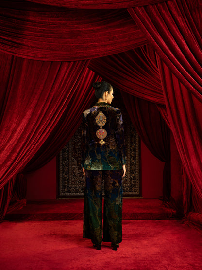 PRINTED BLUE & GREEN VELVET BLAZER PANT SET WITH EMBROIDERED COLLAR