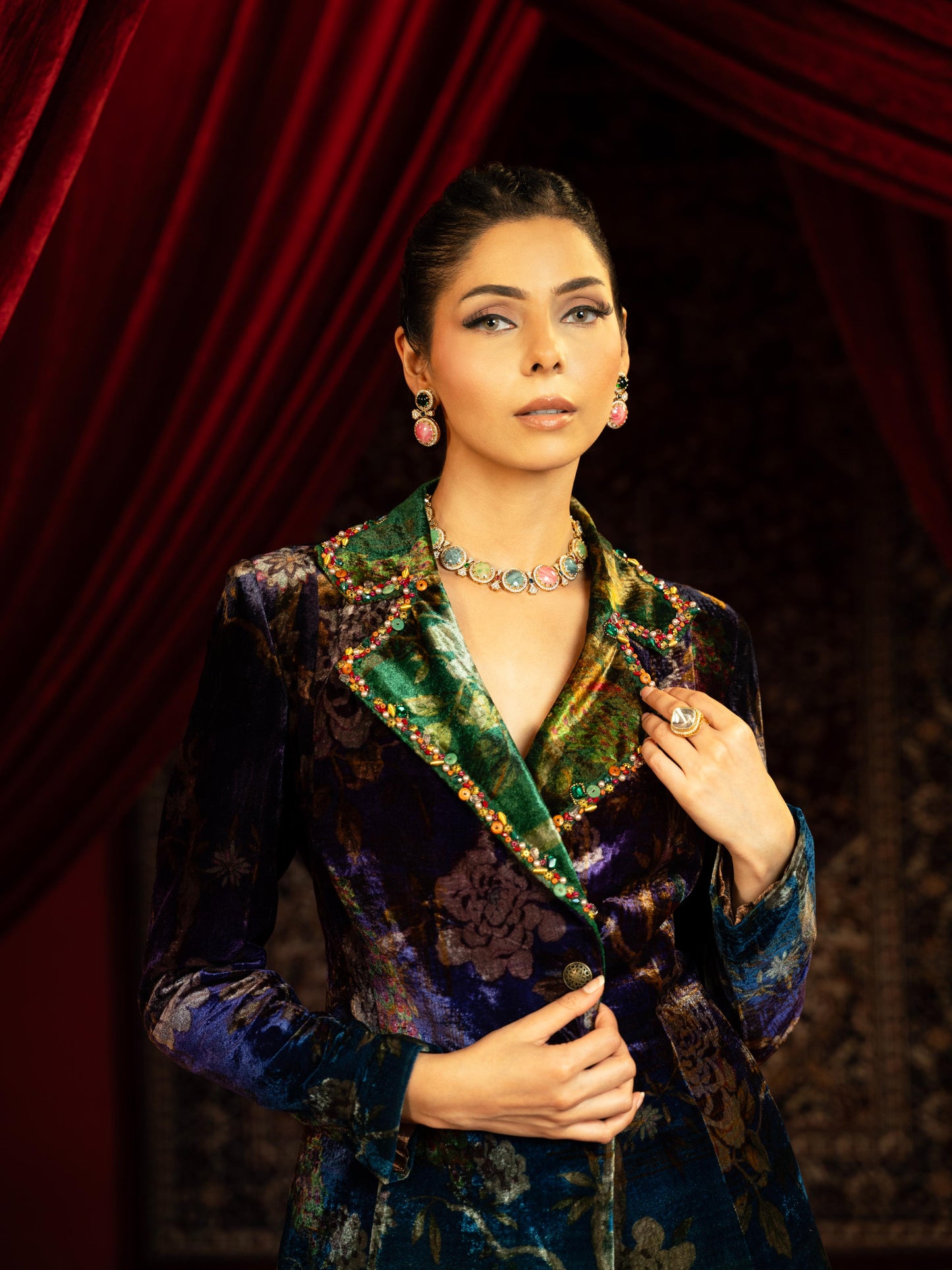 PRINTED BLUE & GREEN VELVET BLAZER PANT SET WITH EMBROIDERED COLLAR