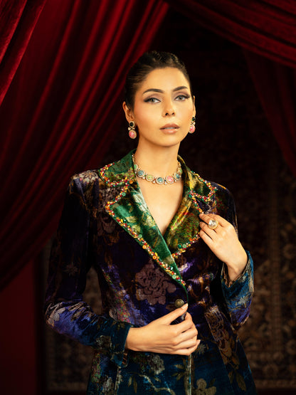 PRINTED BLUE & GREEN VELVET BLAZER PANT SET WITH EMBROIDERED COLLAR