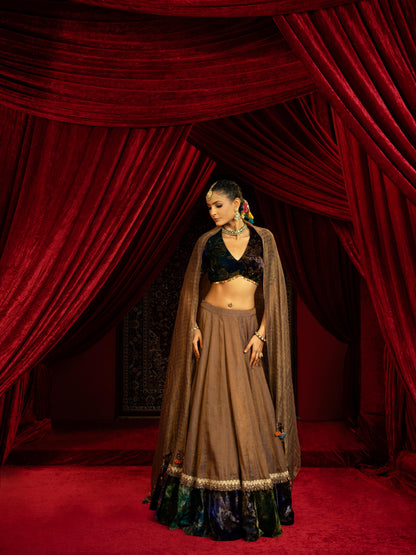 TAN BROWN TISSUE LEHENGA WITH PRINTED VELVET BORDER, VELVET BLOUSE & STRIPED DUPATTA