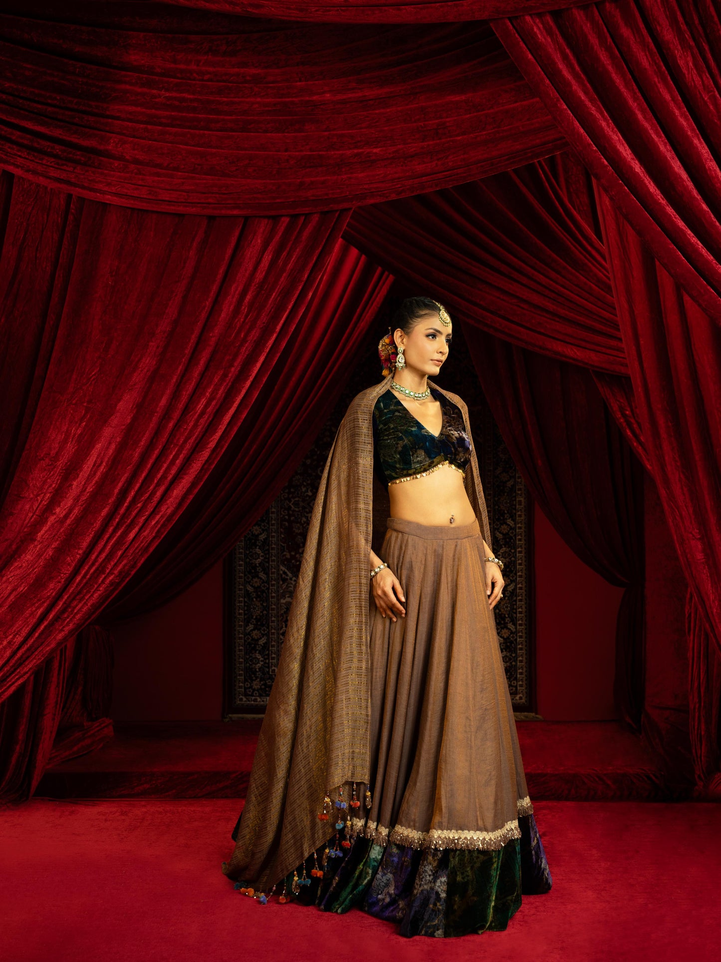 TAN BROWN TISSUE LEHENGA WITH PRINTED VELVET BORDER, VELVET BLOUSE & STRIPED DUPATTA