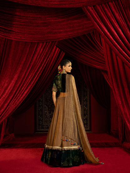 TAN BROWN TISSUE LEHENGA WITH PRINTED VELVET BORDER, VELVET BLOUSE & STRIPED DUPATTA
