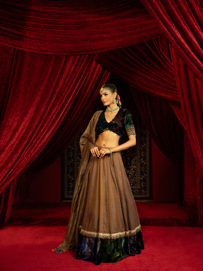 TAN BROWN TISSUE LEHENGA WITH PRINTED VELVET BORDER, VELVET BLOUSE & STRIPED DUPATTA