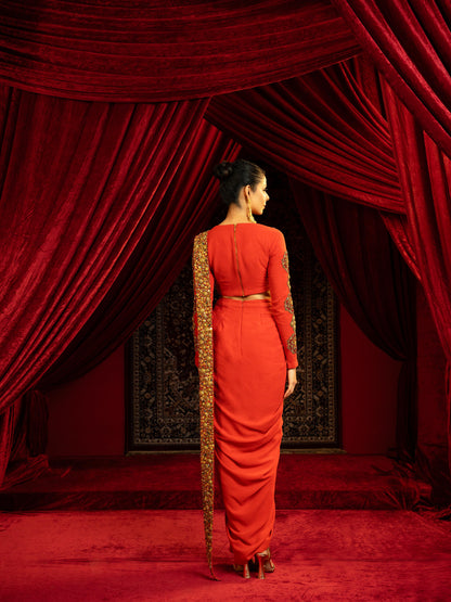 BURNT TERRACOTTA DRAPE SKIRT SET WITH EMBROIDERED CUTWORK PALLA & FULL-SLEEVE BLOUSE