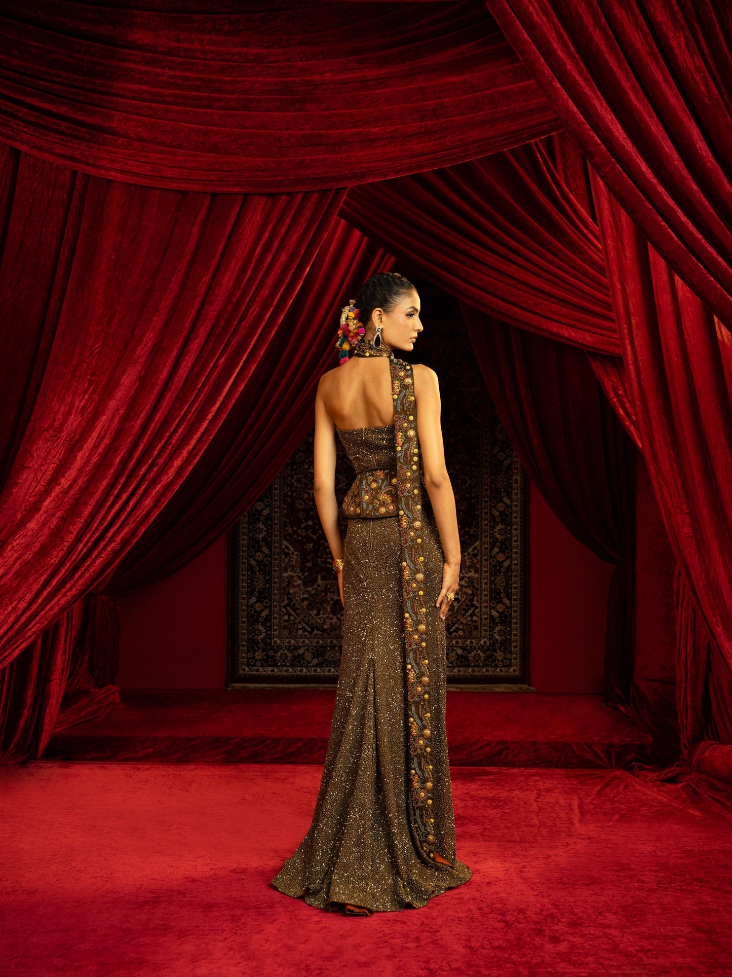 BLACK FULL-BEADED EVENING GOWN WITH SAREE-INSPIRED DRAPE & DETACHABLE CORSET BELT