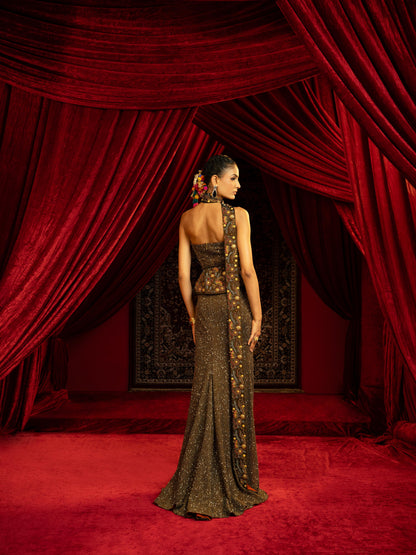 BLACK FULL-BEADED EVENING GOWN WITH SAREE-INSPIRED DRAPE & DETACHABLE CORSET BELT