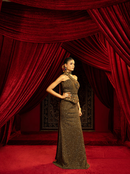 BLACK FULL-BEADED EVENING GOWN WITH SAREE-INSPIRED DRAPE & DETACHABLE CORSET BELT