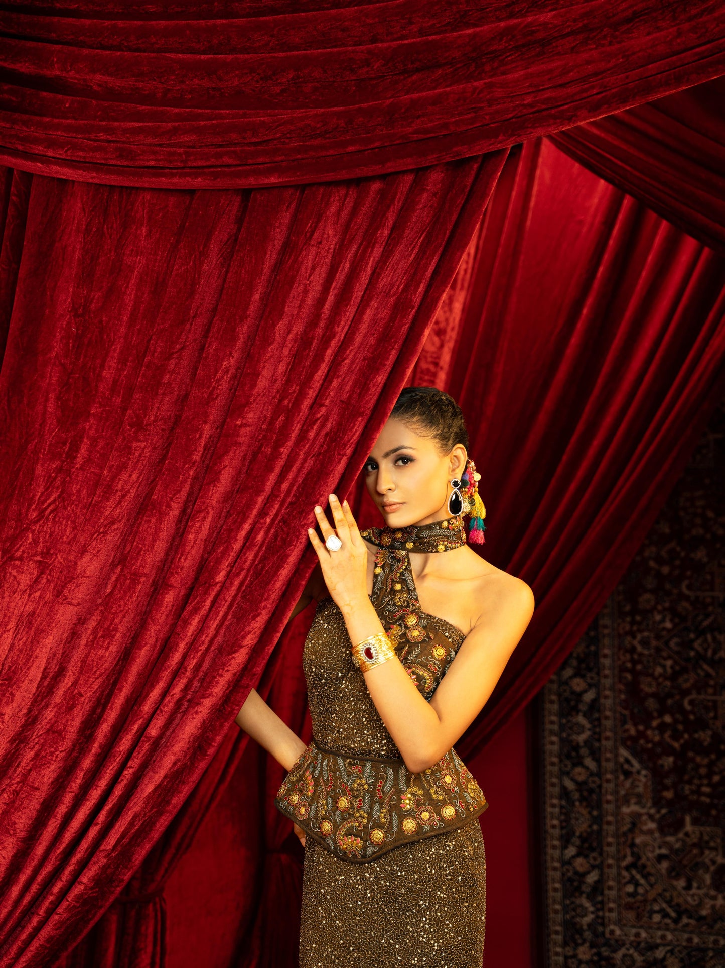 BLACK FULL-BEADED EVENING GOWN WITH SAREE-INSPIRED DRAPE & DETACHABLE CORSET BELT