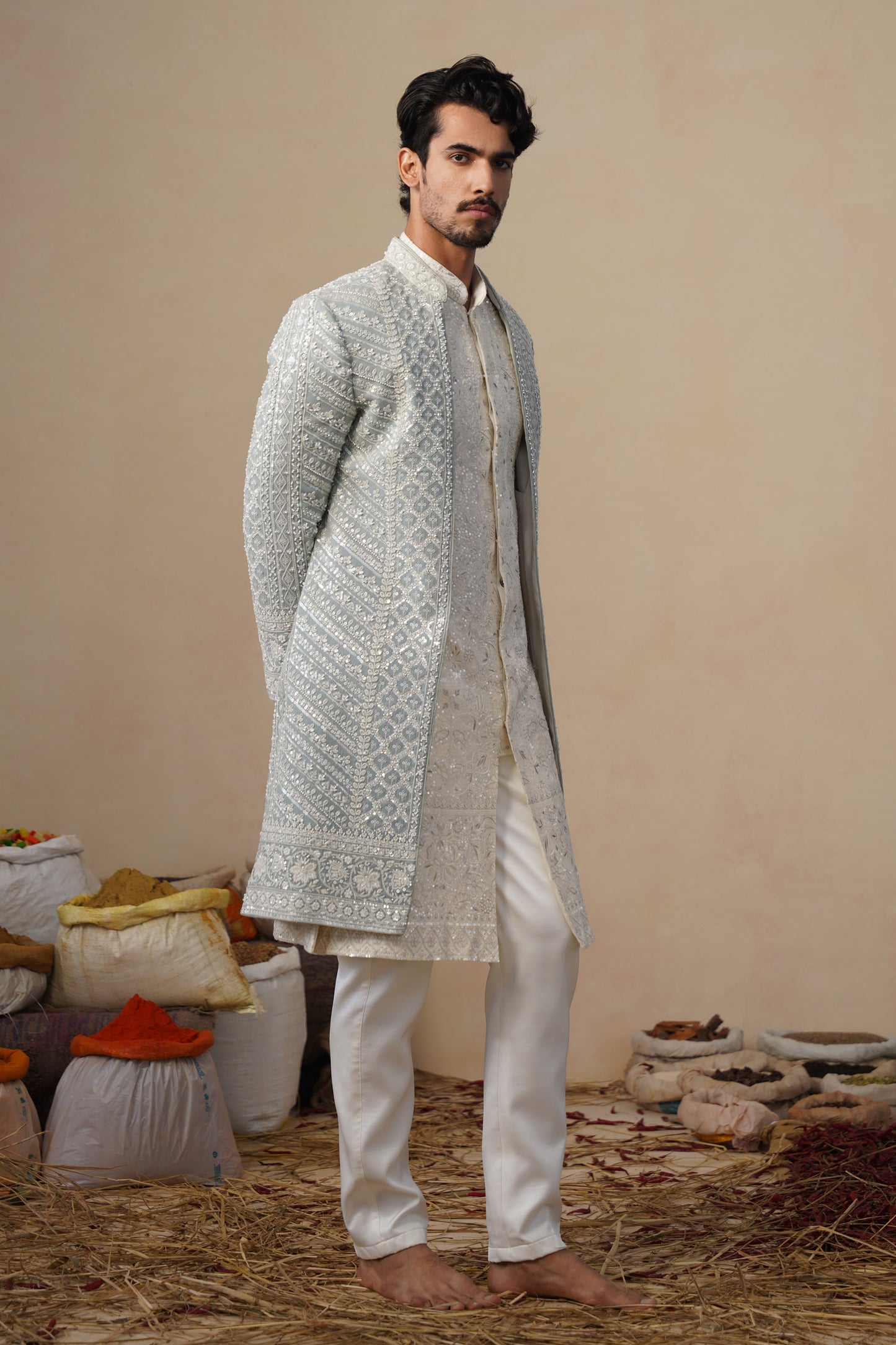 NOOR CUTDANA SKY SHERWANI SET
