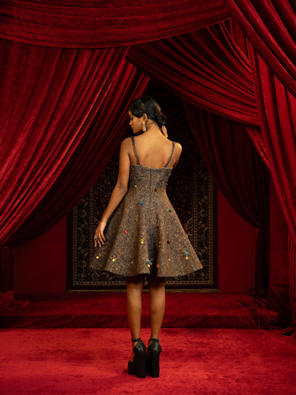 NAVY BLUE QUILTED CORSET FROCK DRESS WITH JEWEL BEAD DETAILING