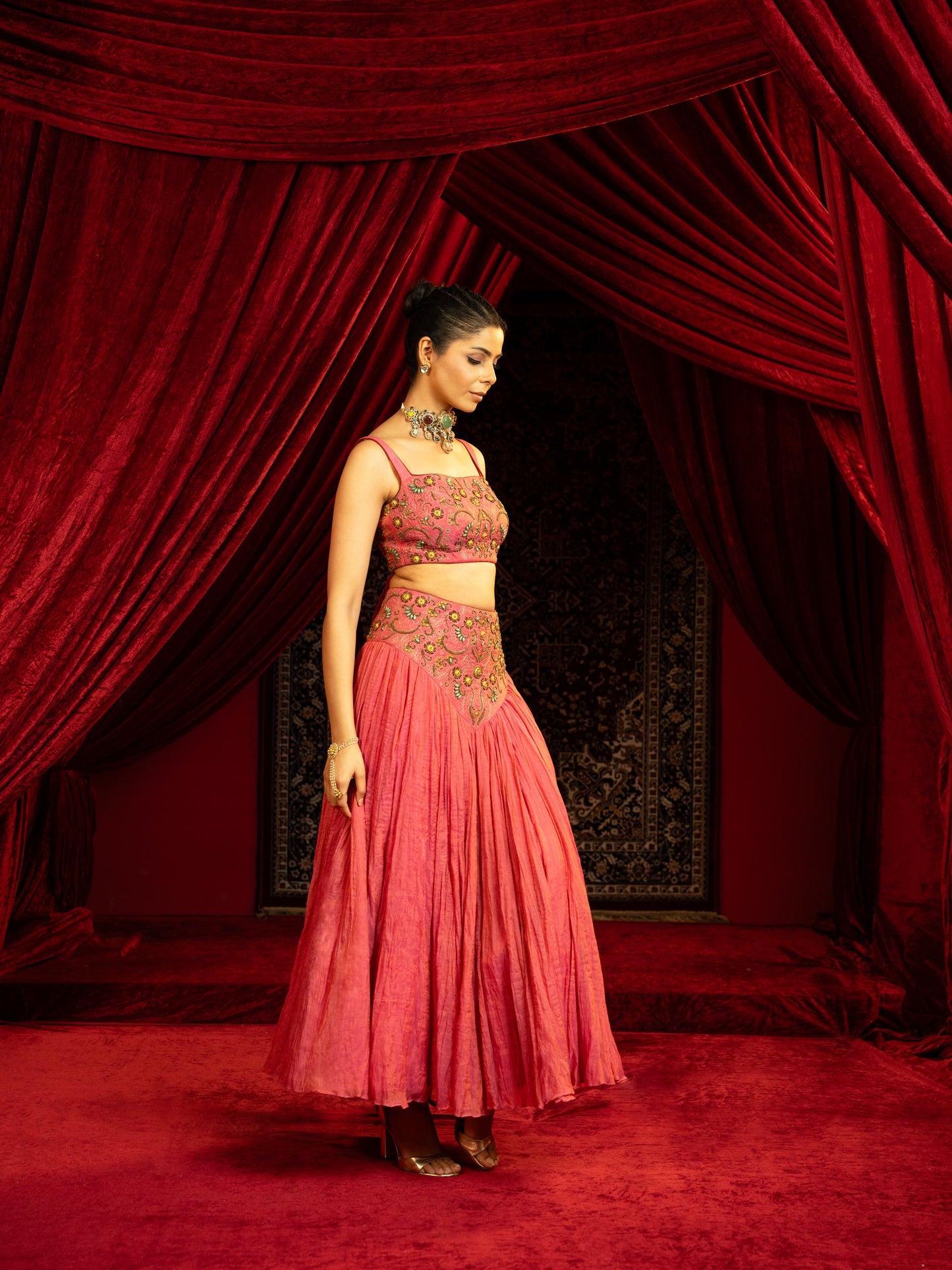 CANDY PINK FULL-FLARED SKIRT SET WITH METAL EMBROIDERED BUSTIER & BELT