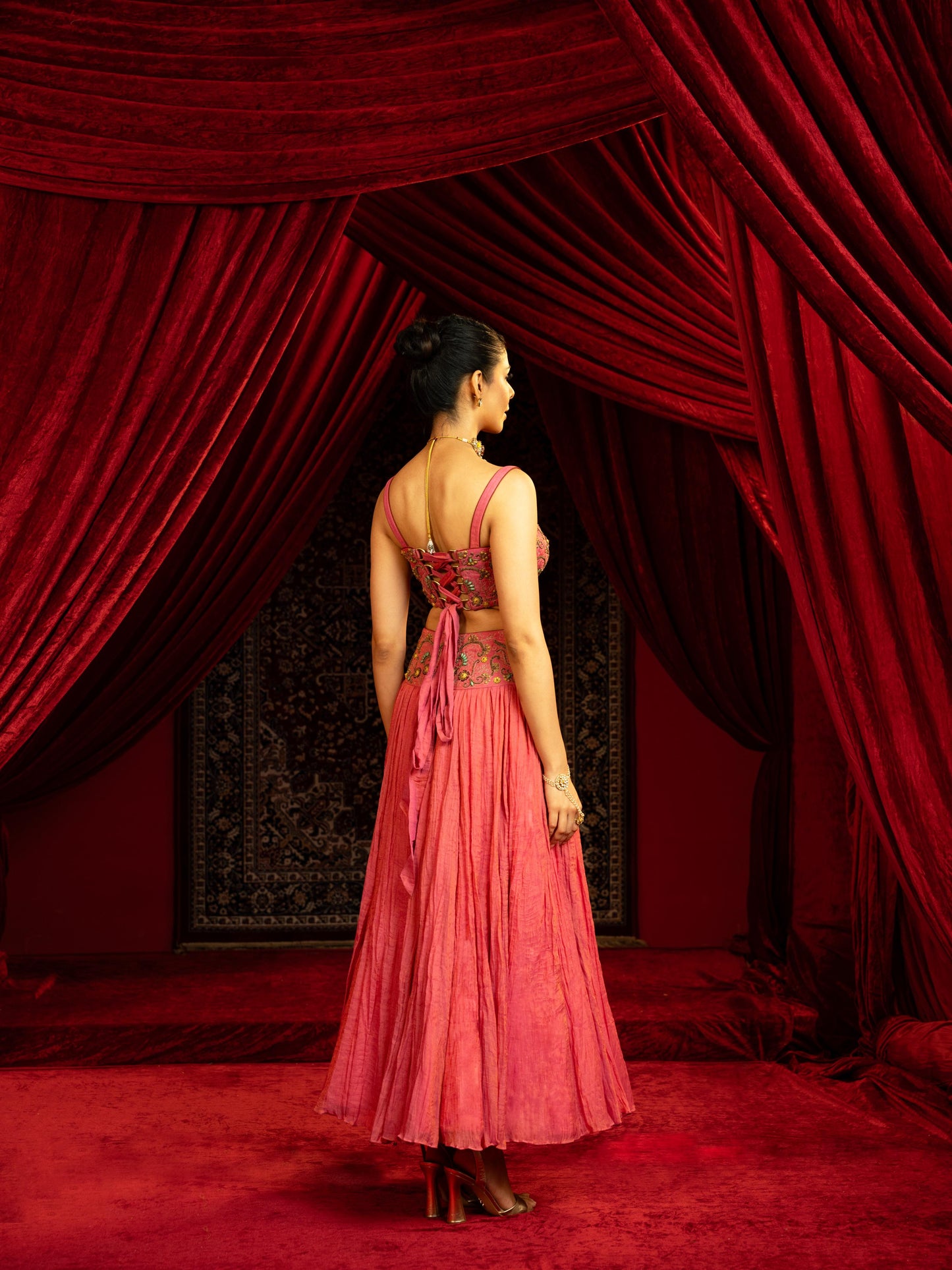 CANDY PINK FULL-FLARED SKIRT SET WITH METAL EMBROIDERED BUSTIER & BELT