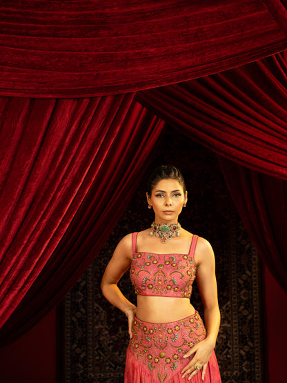 CANDY PINK FULL-FLARED SKIRT SET WITH METAL EMBROIDERED BUSTIER & BELT