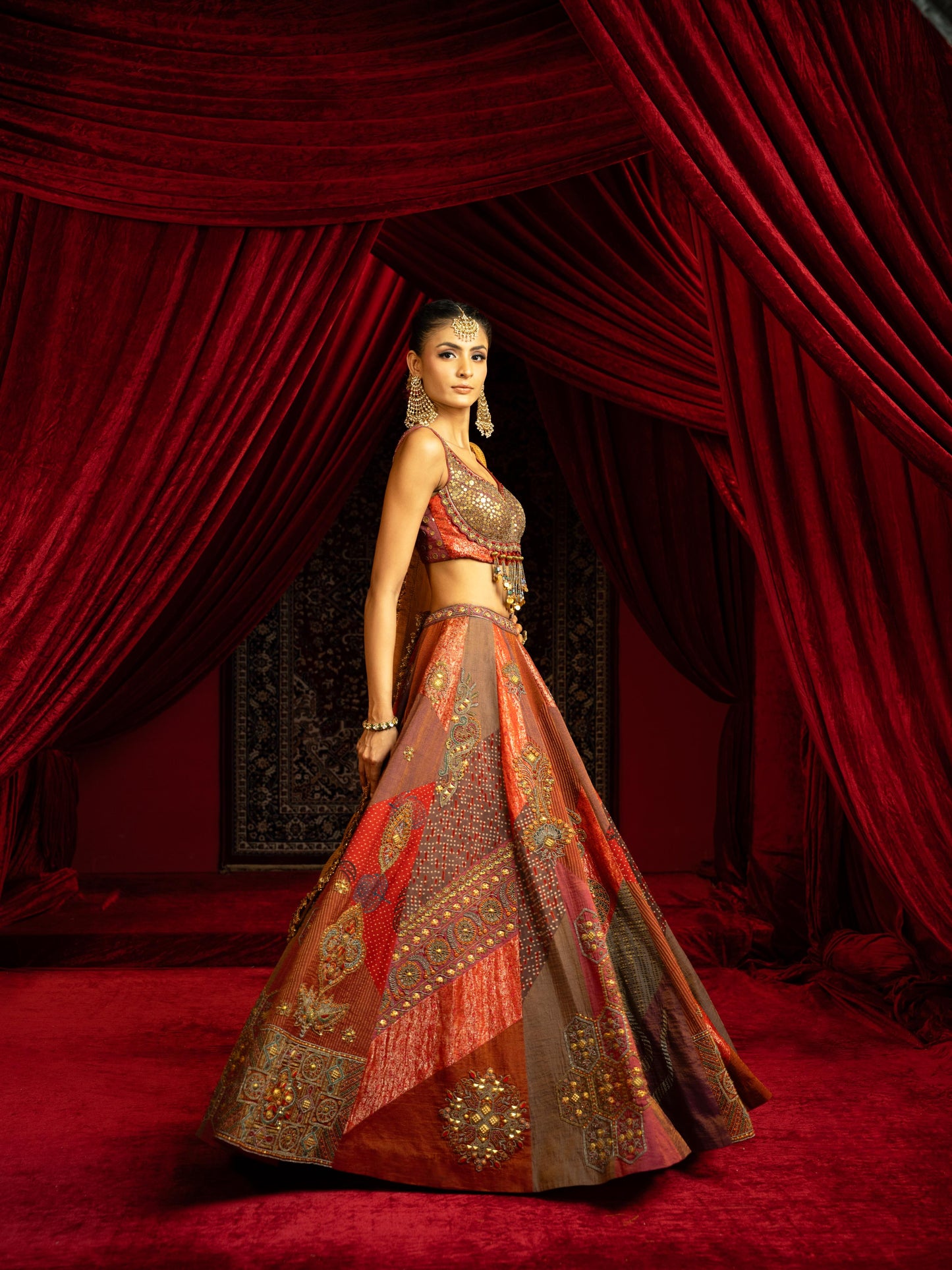MULTICOLOUR BLOCKED LEHENGA SET WITH METAL EMBROIDERED BLOUSE & GOLD TISSUE DUPATTA