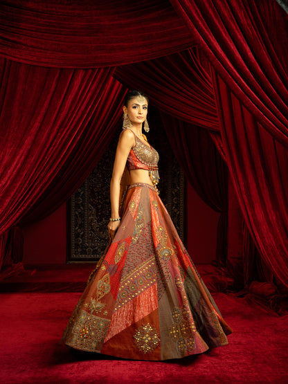 MULTICOLOUR BLOCKED LEHENGA SET WITH METAL EMBROIDERED BLOUSE & GOLD TISSUE DUPATTA