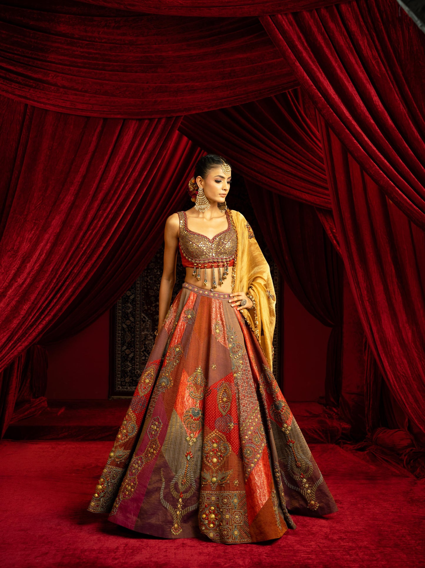 MULTICOLOUR BLOCKED LEHENGA SET WITH METAL EMBROIDERED BLOUSE & GOLD TISSUE DUPATTA